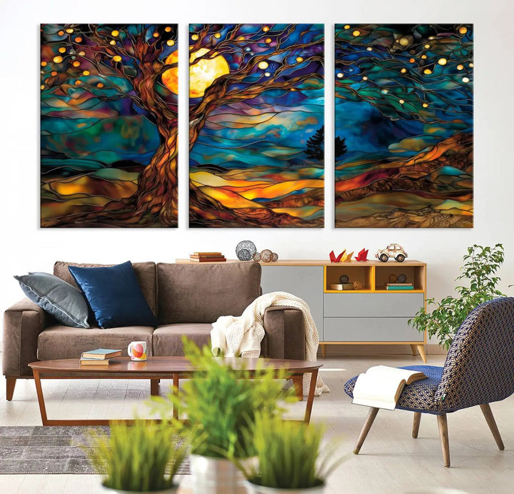 The Tree of Life wall art, featuring a moonlit Yggdrasil tree, evokes a vibrant and cozy atmosphere.