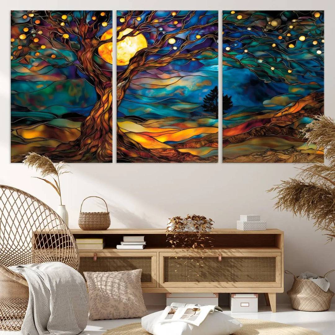 The Tree of Life wall art, featuring a moonlit Yggdrasil tree, evokes a vibrant and cozy atmosphere.