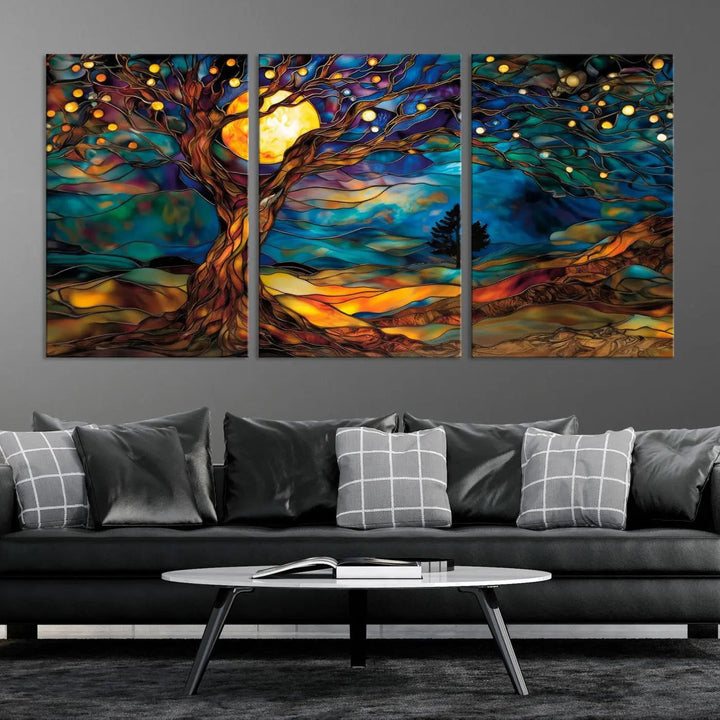 The Tree of Life wall art, featuring a moonlit Yggdrasil tree, evokes a vibrant and cozy atmosphere.