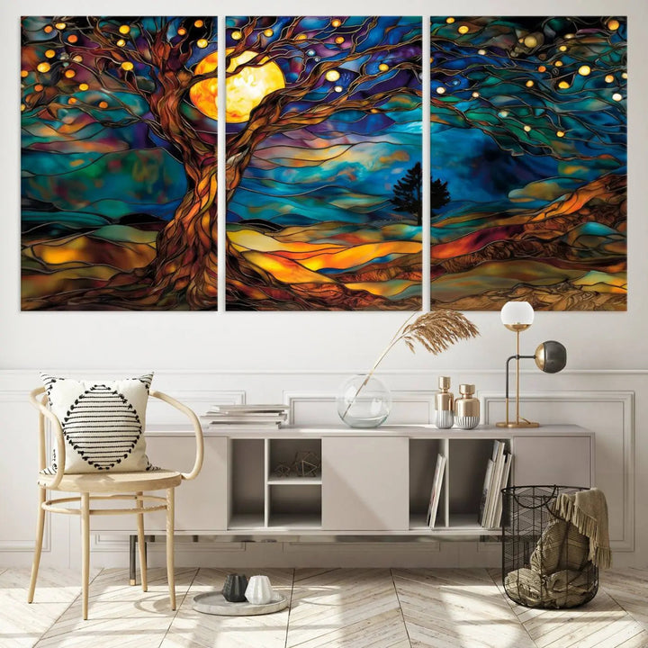 The Tree of Life wall art, featuring a moonlit Yggdrasil tree, evokes a vibrant and cozy atmosphere.