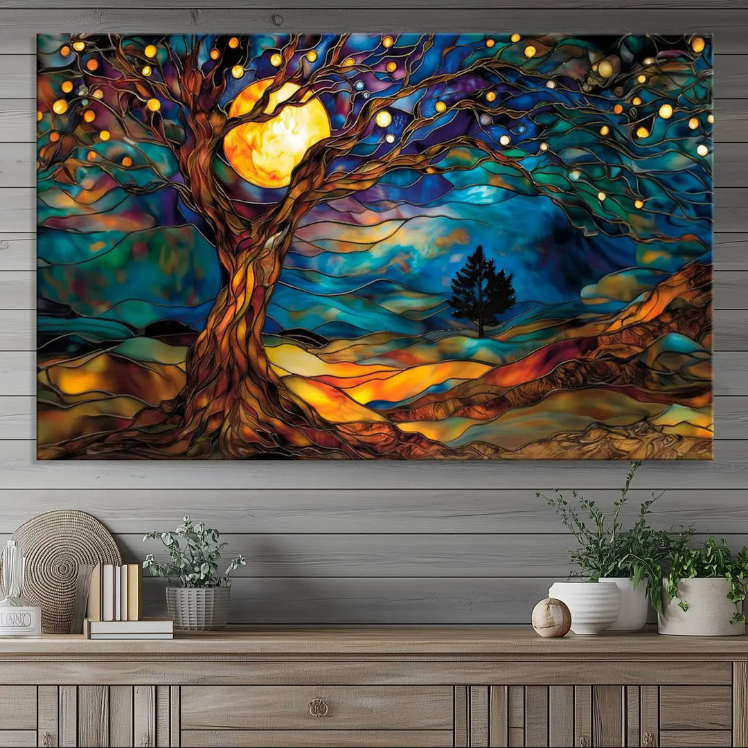 The Tree of Life wall art, featuring a moonlit Yggdrasil tree, evokes a vibrant and cozy atmosphere.