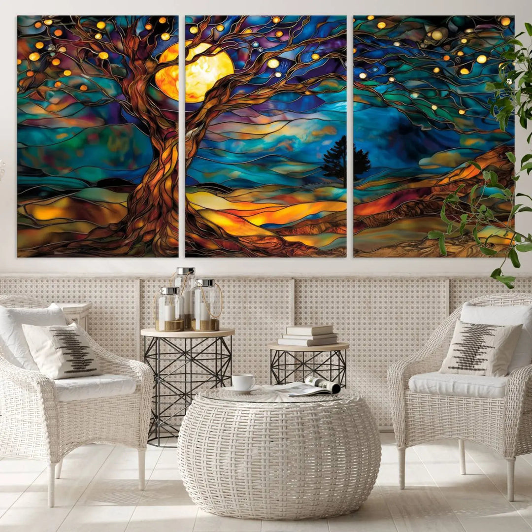 The Tree of Life wall art, featuring a moonlit Yggdrasil tree, evokes a vibrant and cozy atmosphere.