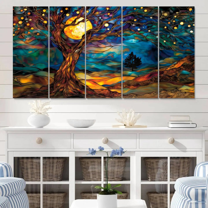 The Tree of Life wall art, featuring a moonlit Yggdrasil tree, evokes a vibrant and cozy atmosphere.