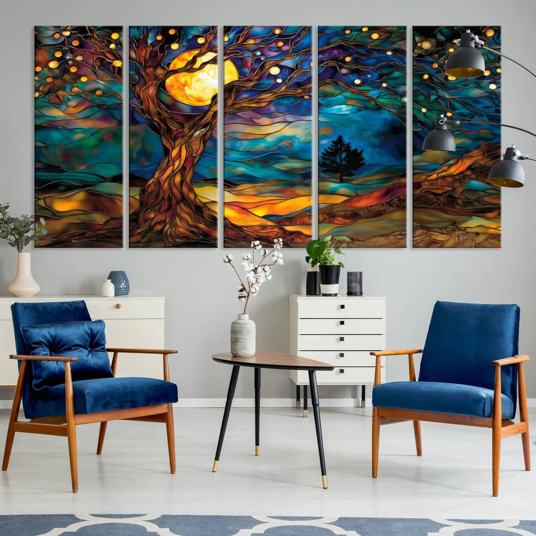 The Tree of Life wall art, featuring a moonlit Yggdrasil tree, evokes a vibrant and cozy atmosphere.