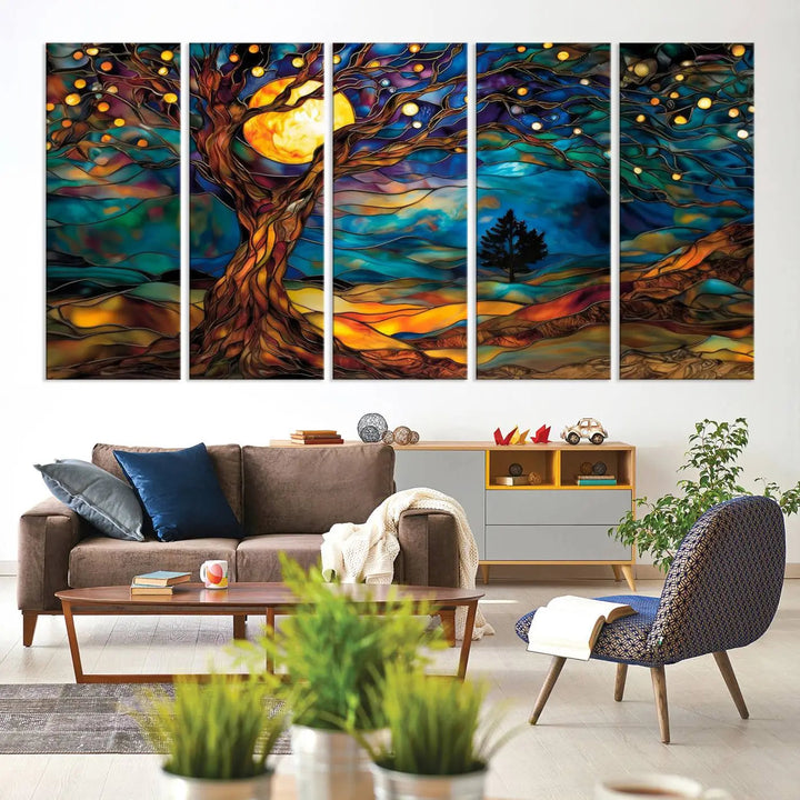 The Tree of Life wall art, featuring a moonlit Yggdrasil tree, evokes a vibrant and cozy atmosphere.