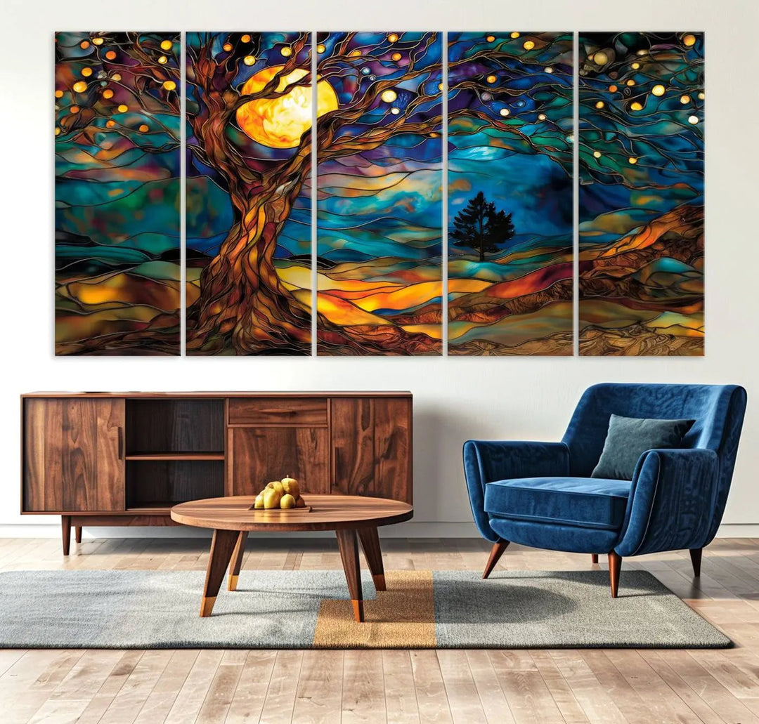 The Tree of Life wall art, featuring a moonlit Yggdrasil tree, evokes a vibrant and cozy atmosphere.