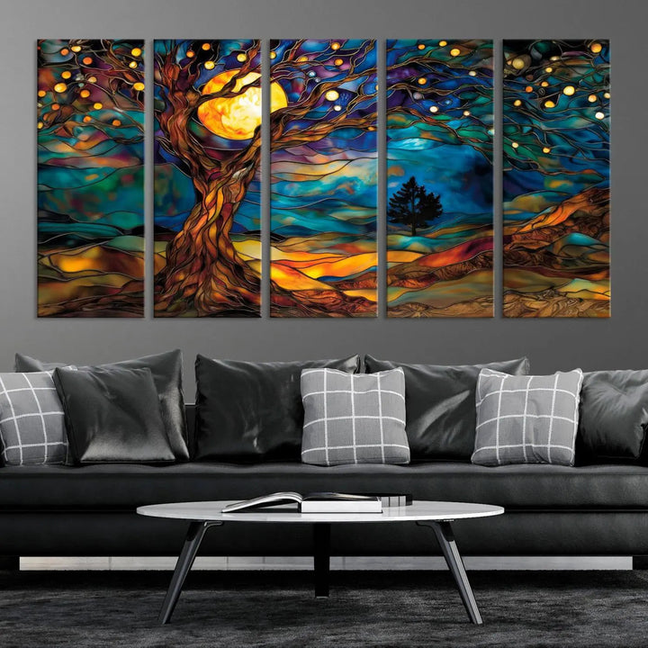 The Tree of Life wall art, featuring a moonlit Yggdrasil tree, evokes a vibrant and cozy atmosphere.