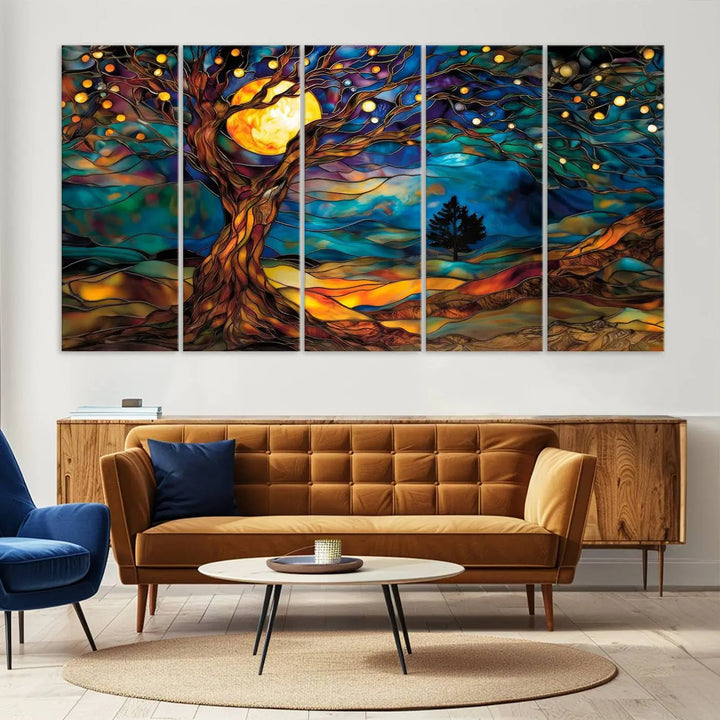 The Tree of Life wall art, featuring a moonlit Yggdrasil tree, evokes a vibrant and cozy atmosphere.