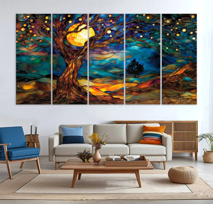 The Tree of Life wall art, featuring a moonlit Yggdrasil tree, evokes a vibrant and cozy atmosphere.