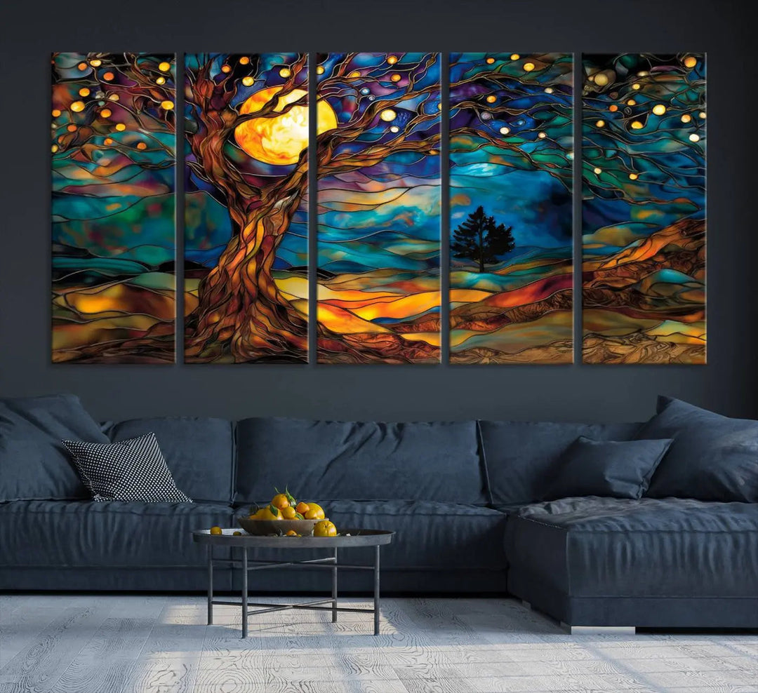 The Tree of Life wall art, featuring a moonlit Yggdrasil tree, evokes a vibrant and cozy atmosphere.