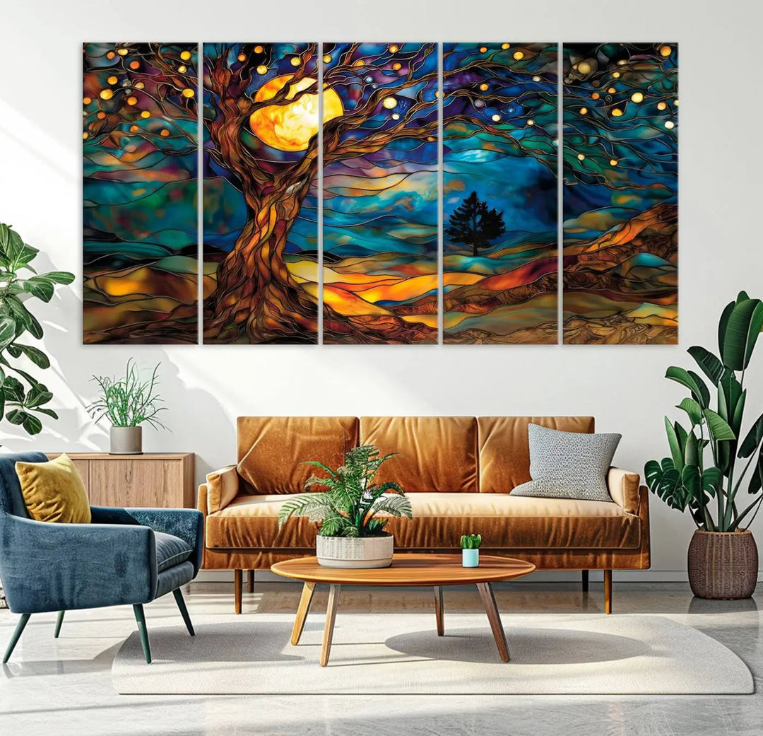 The Tree of Life wall art, featuring a moonlit Yggdrasil tree, evokes a vibrant and cozy atmosphere.