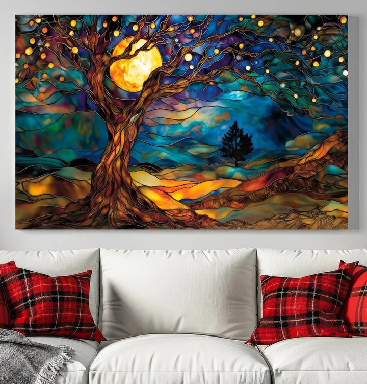 The Tree of Life wall art, featuring a moonlit Yggdrasil tree, evokes a vibrant and cozy atmosphere.