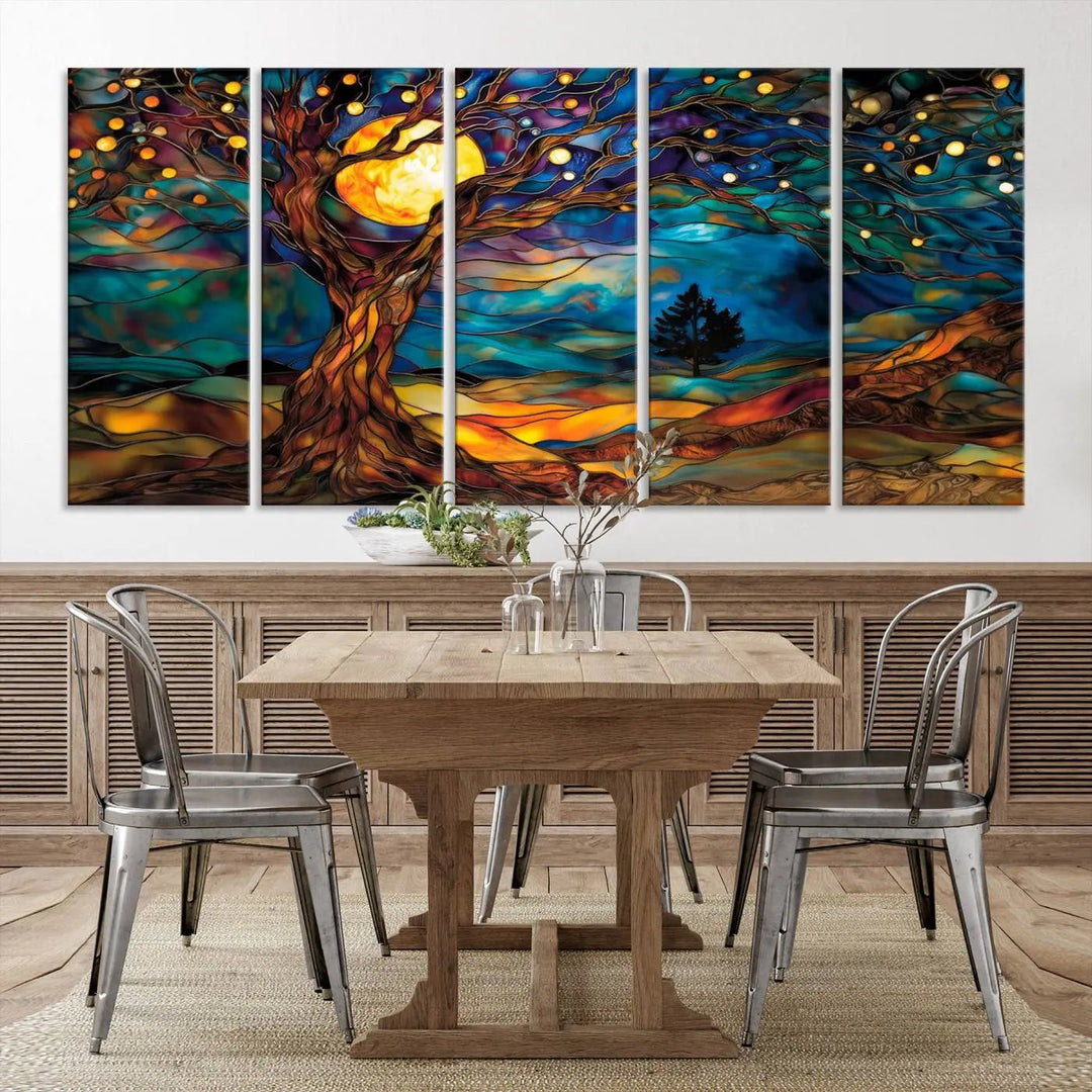 The Tree of Life wall art, featuring a moonlit Yggdrasil tree, evokes a vibrant and cozy atmosphere.