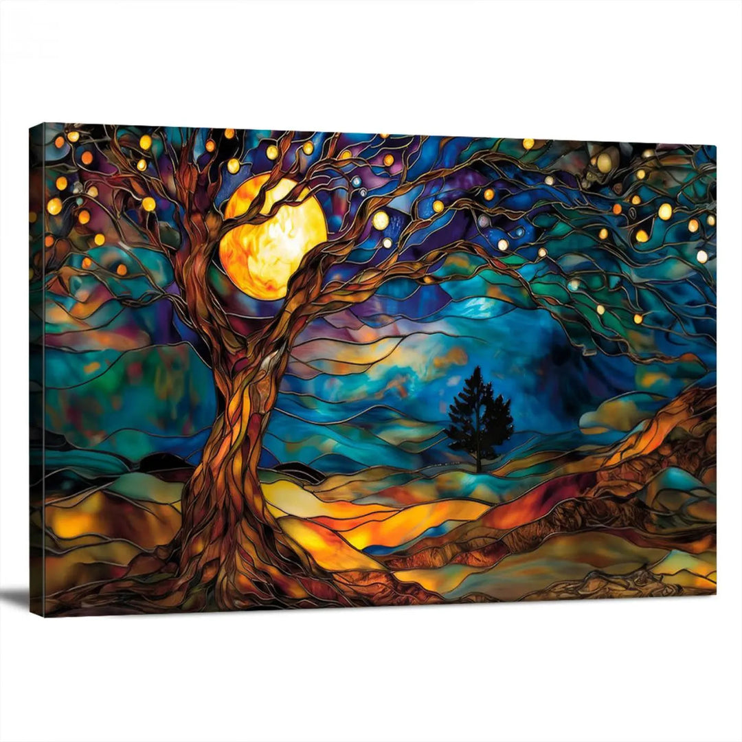 The Tree of Life wall art, featuring a moonlit Yggdrasil tree, evokes a vibrant and cozy atmosphere.