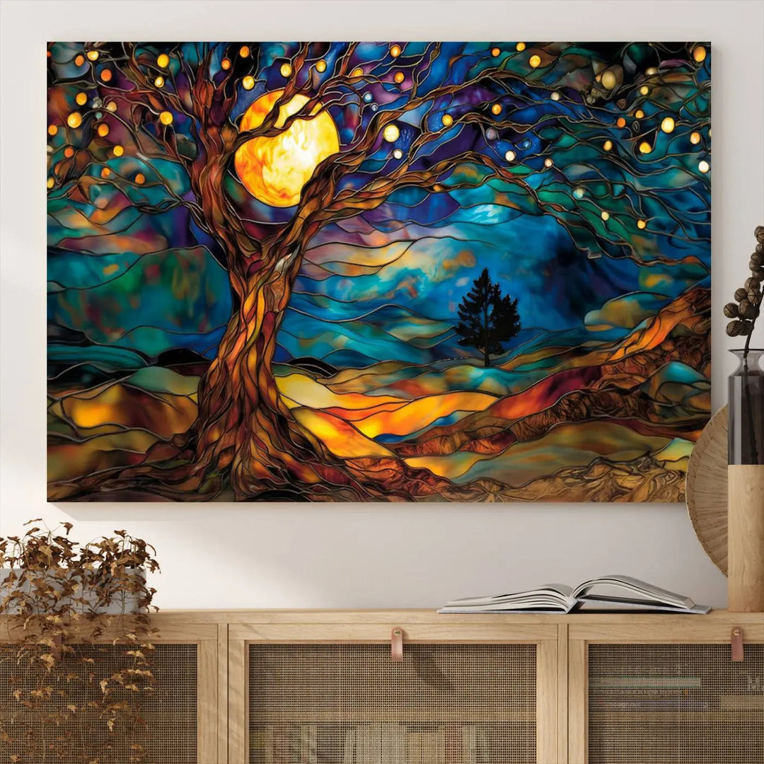 The Tree of Life wall art, featuring a moonlit Yggdrasil tree, evokes a vibrant and cozy atmosphere.