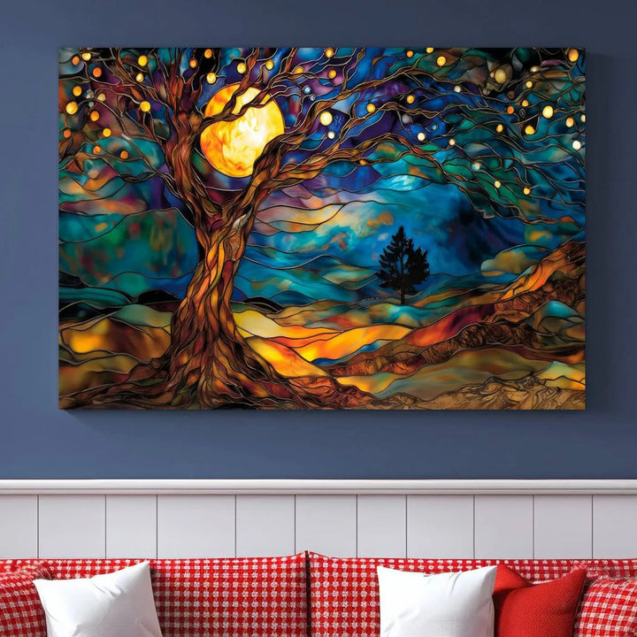 The Tree of Life wall art, featuring a moonlit Yggdrasil tree, evokes a vibrant and cozy atmosphere.