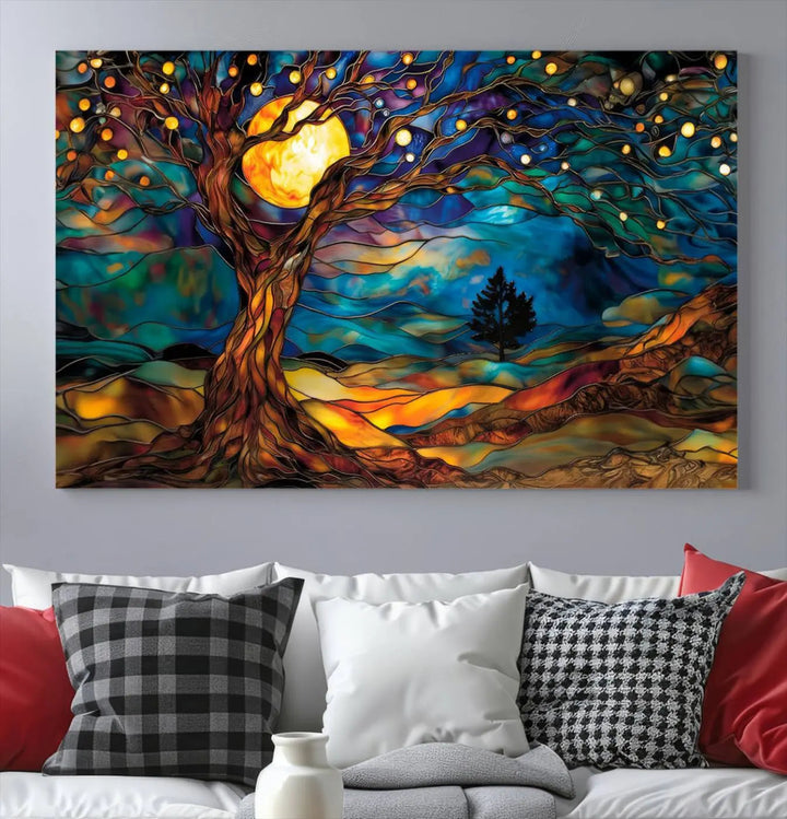 The Tree of Life wall art, featuring a moonlit Yggdrasil tree, evokes a vibrant and cozy atmosphere.