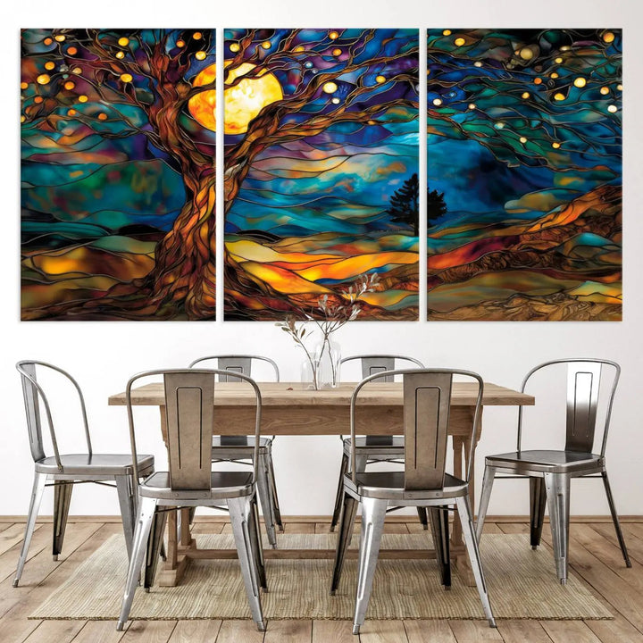 The Tree of Life wall art, featuring a moonlit Yggdrasil tree, evokes a vibrant and cozy atmosphere.