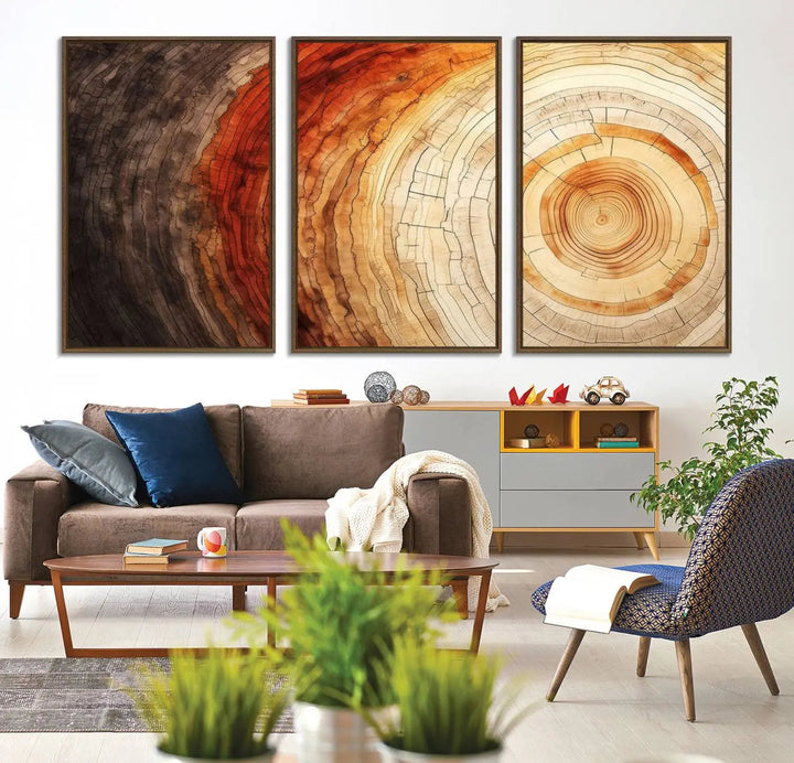 Contemporary living room featuring the Tree Ring Print on Canvas Wall Art.