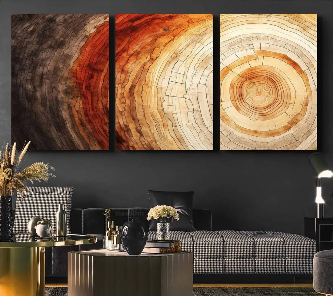 Contemporary living room featuring the Tree Ring Print on Canvas Wall Art.