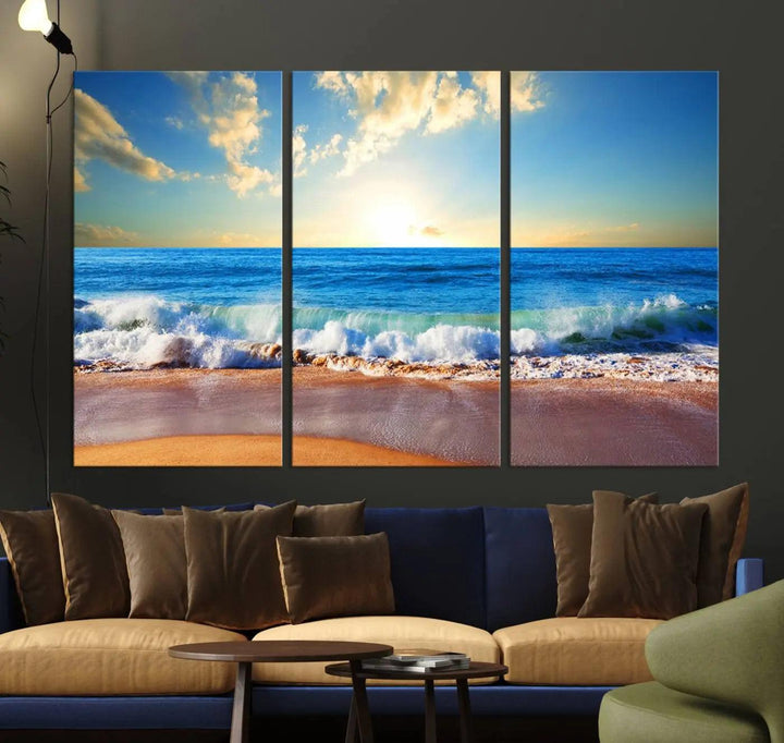 A canvas art piece titled "Tropical Beach Sunset" features ocean waves and a sandy shoreline, making it ideal for large coastal home settings.