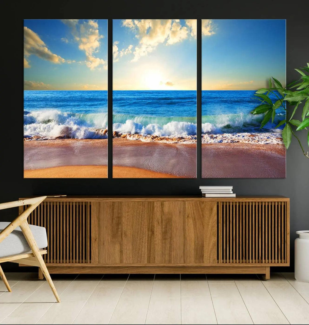 A canvas art piece titled "Tropical Beach Sunset" features ocean waves and a sandy shoreline, making it ideal for large coastal home settings.