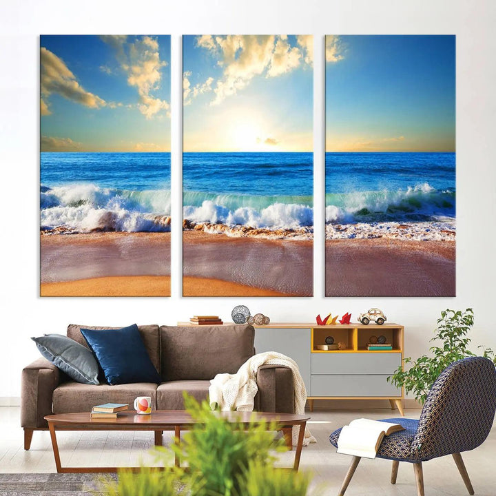 A canvas art piece titled "Tropical Beach Sunset" features ocean waves and a sandy shoreline, making it ideal for large coastal home settings.