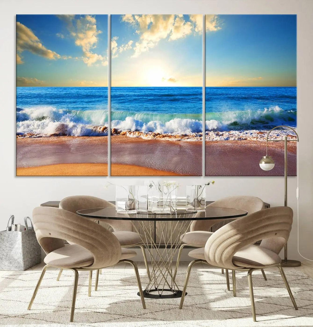 A canvas art piece titled "Tropical Beach Sunset" features ocean waves and a sandy shoreline, making it ideal for large coastal home settings.