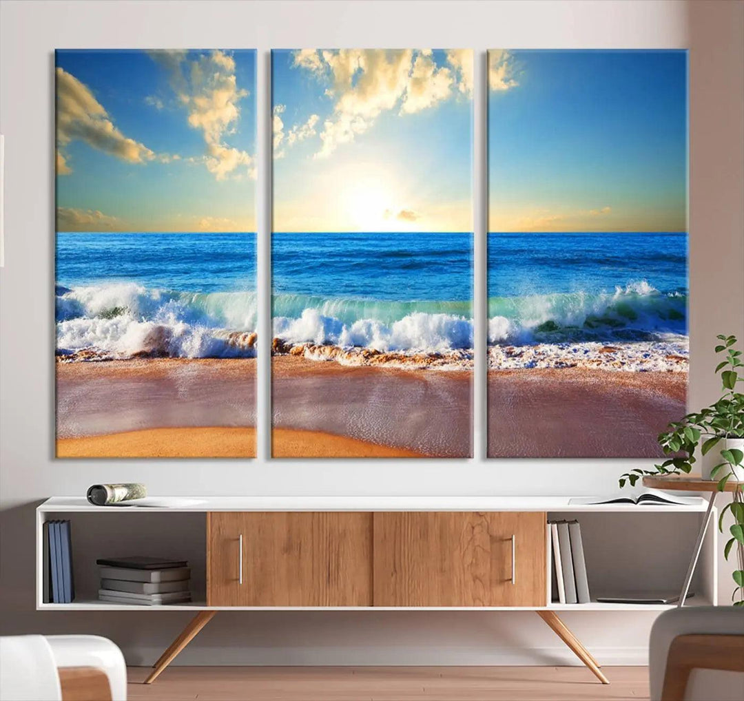 A canvas art piece titled "Tropical Beach Sunset" features ocean waves and a sandy shoreline, making it ideal for large coastal home settings.