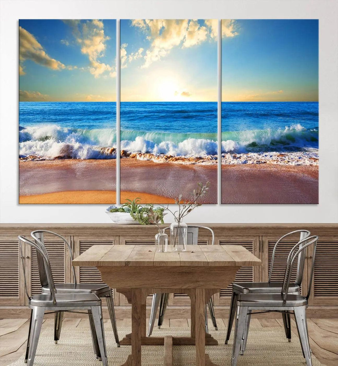 A canvas art piece titled "Tropical Beach Sunset" features ocean waves and a sandy shoreline, making it ideal for large coastal home settings.