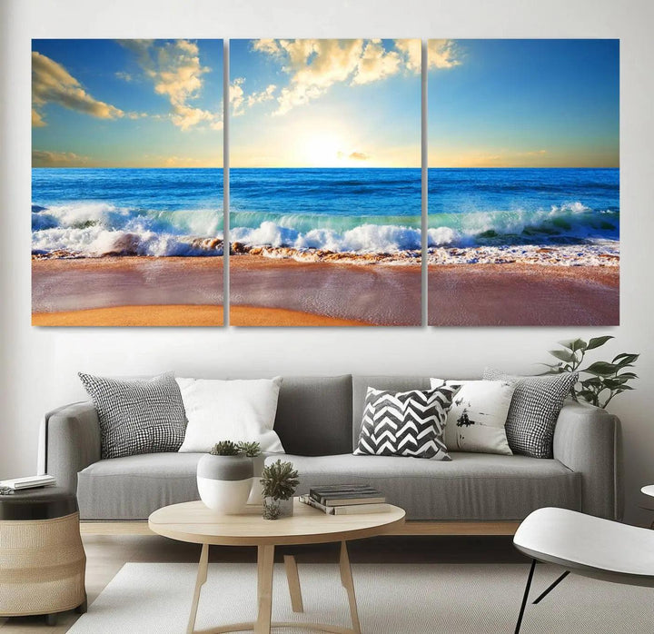 A canvas art piece titled "Tropical Beach Sunset" features ocean waves and a sandy shoreline, making it ideal for large coastal home settings.