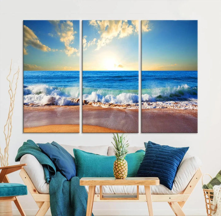 A canvas art piece titled "Tropical Beach Sunset" features ocean waves and a sandy shoreline, making it ideal for large coastal home settings.