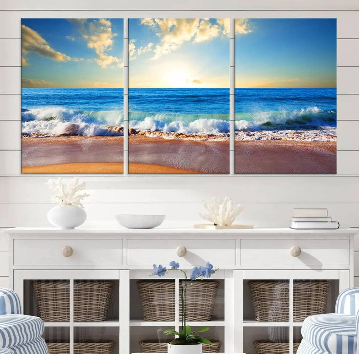 A canvas art piece titled "Tropical Beach Sunset" features ocean waves and a sandy shoreline, making it ideal for large coastal home settings.