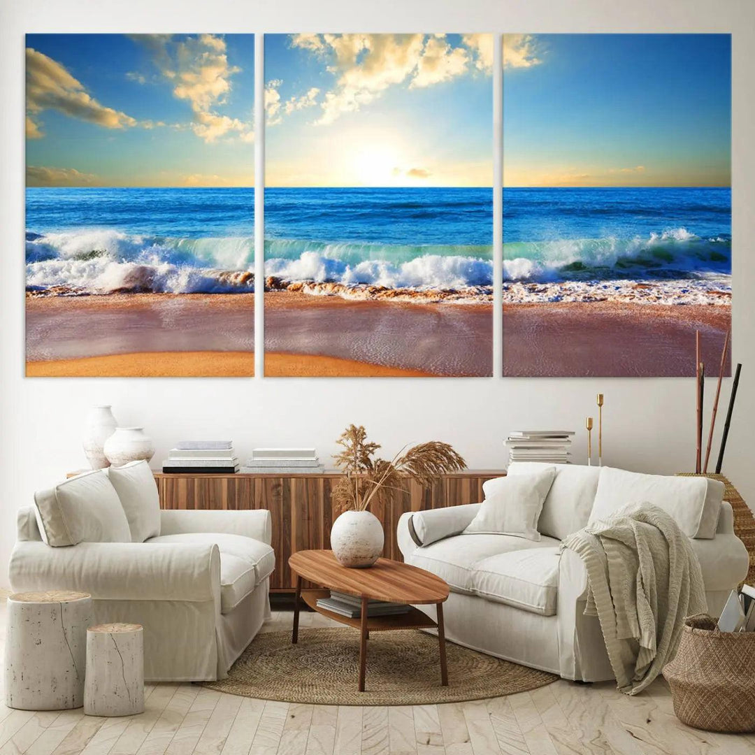 A canvas art piece titled "Tropical Beach Sunset" features ocean waves and a sandy shoreline, making it ideal for large coastal home settings.