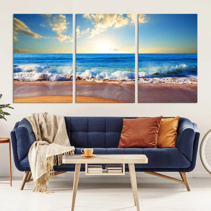 A canvas art piece titled "Tropical Beach Sunset" features ocean waves and a sandy shoreline, making it ideal for large coastal home settings.