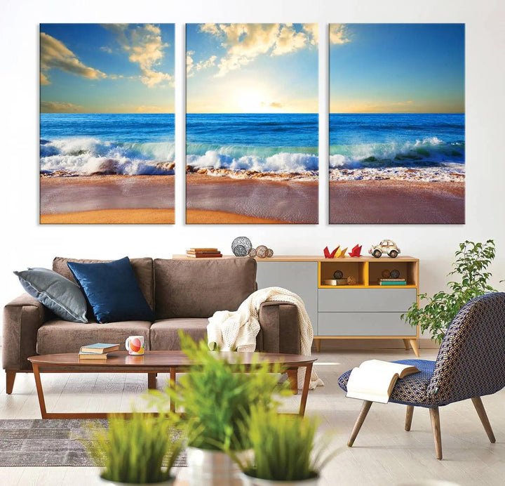 A canvas art piece titled "Tropical Beach Sunset" features ocean waves and a sandy shoreline, making it ideal for large coastal home settings.