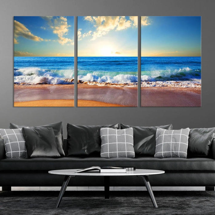 A canvas art piece titled "Tropical Beach Sunset" features ocean waves and a sandy shoreline, making it ideal for large coastal home settings.