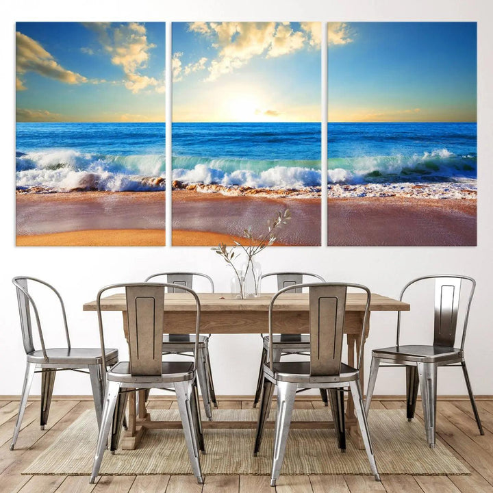 A canvas art piece titled "Tropical Beach Sunset" features ocean waves and a sandy shoreline, making it ideal for large coastal home settings.