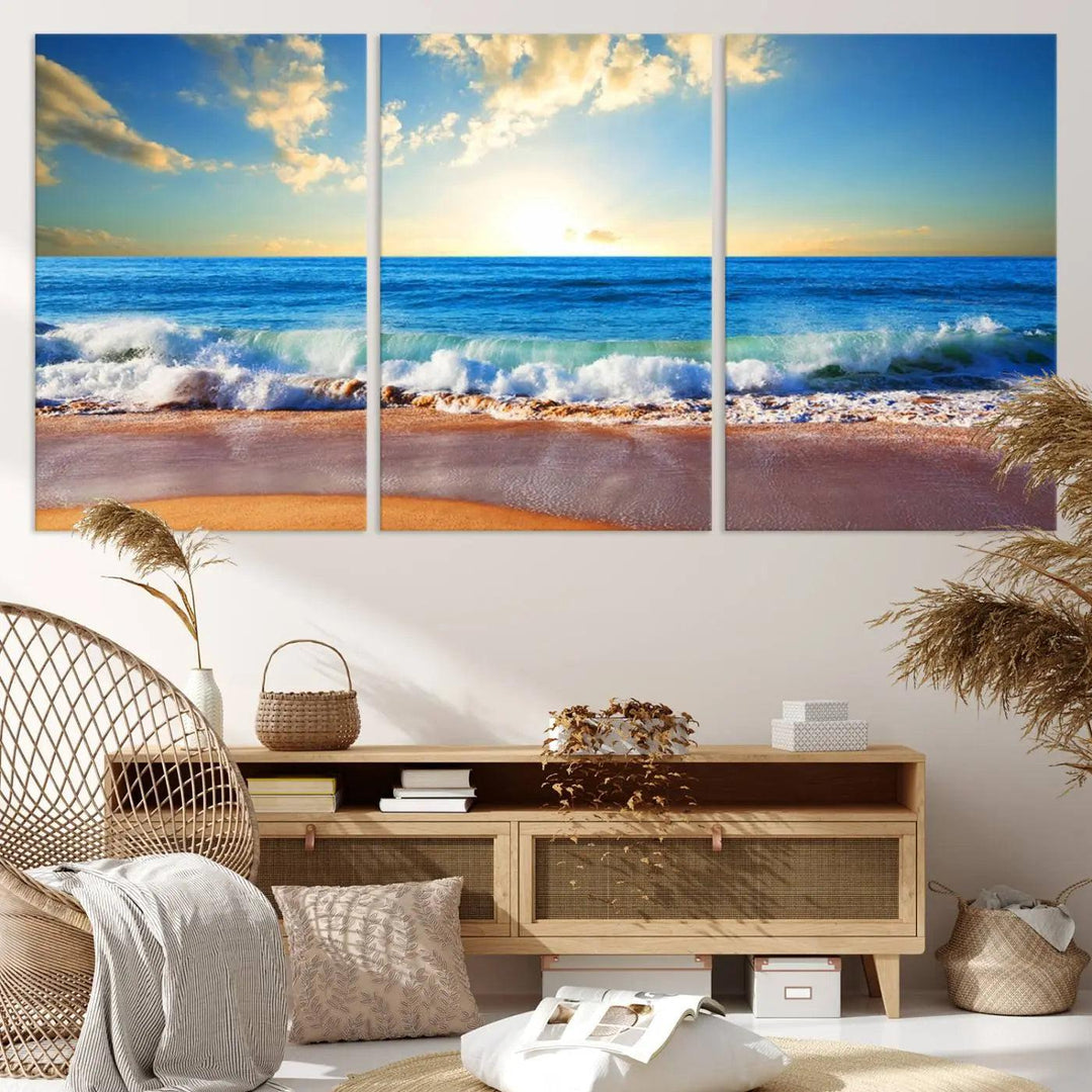 A canvas art piece titled "Tropical Beach Sunset" features ocean waves and a sandy shoreline, making it ideal for large coastal home settings.