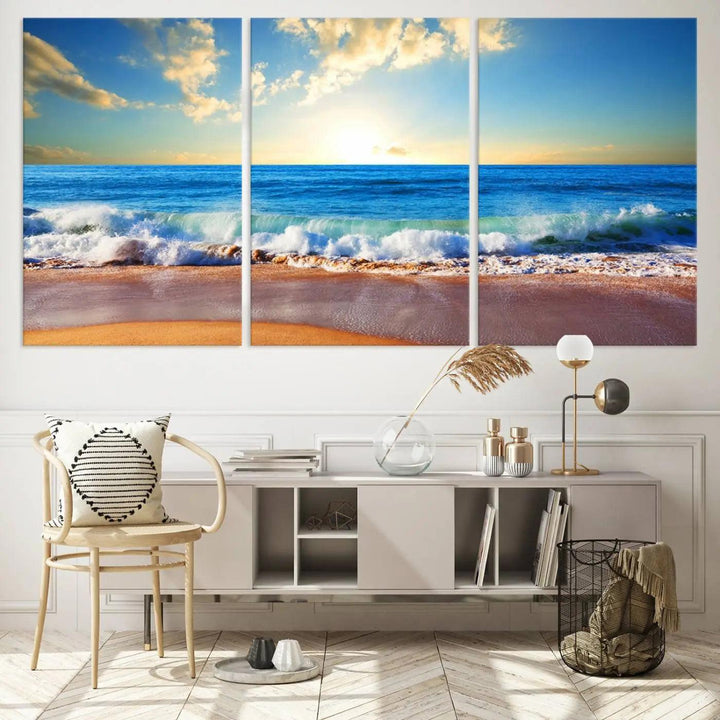 A canvas art piece titled "Tropical Beach Sunset" features ocean waves and a sandy shoreline, making it ideal for large coastal home settings.