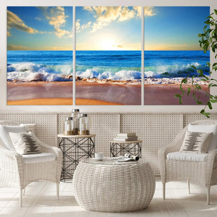 A canvas art piece titled "Tropical Beach Sunset" features ocean waves and a sandy shoreline, making it ideal for large coastal home settings.