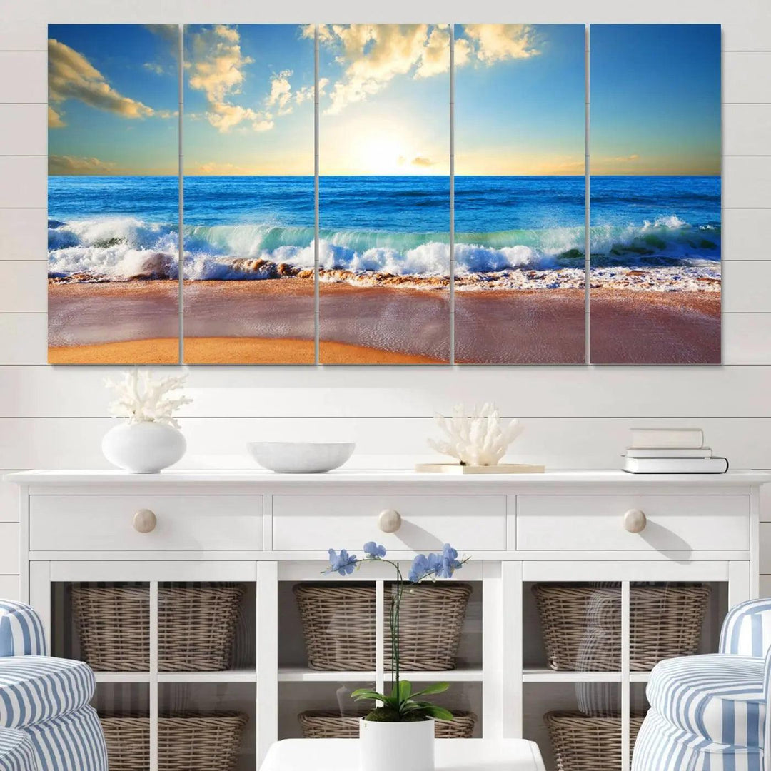 A canvas art piece titled "Tropical Beach Sunset" features ocean waves and a sandy shoreline, making it ideal for large coastal home settings.