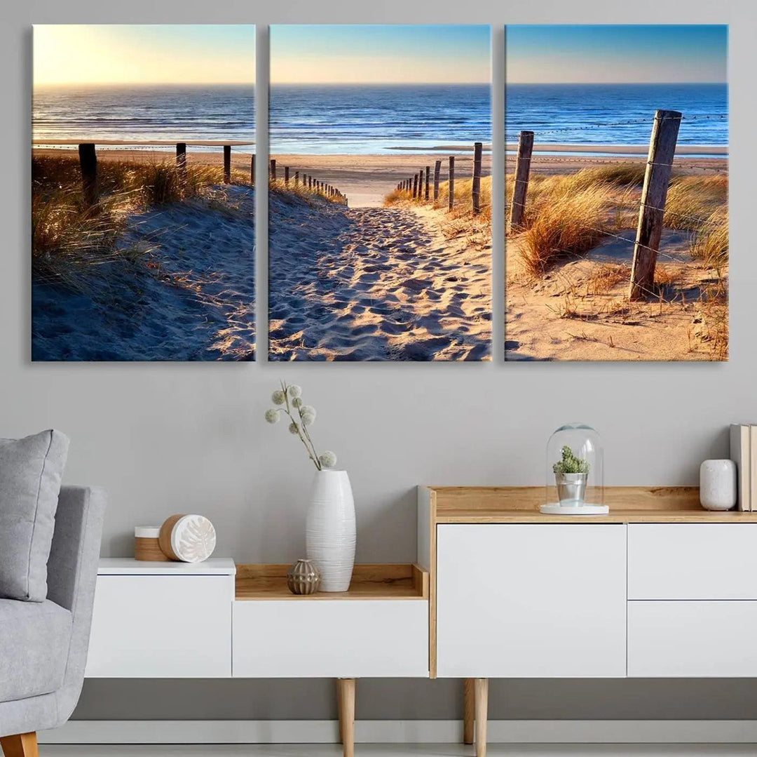 The Tropical Beach Sunset Canvas Art beautifully captures the serene beauty of ocean waves and a sandy shoreline, serving as stunning wall art for coastal homes.