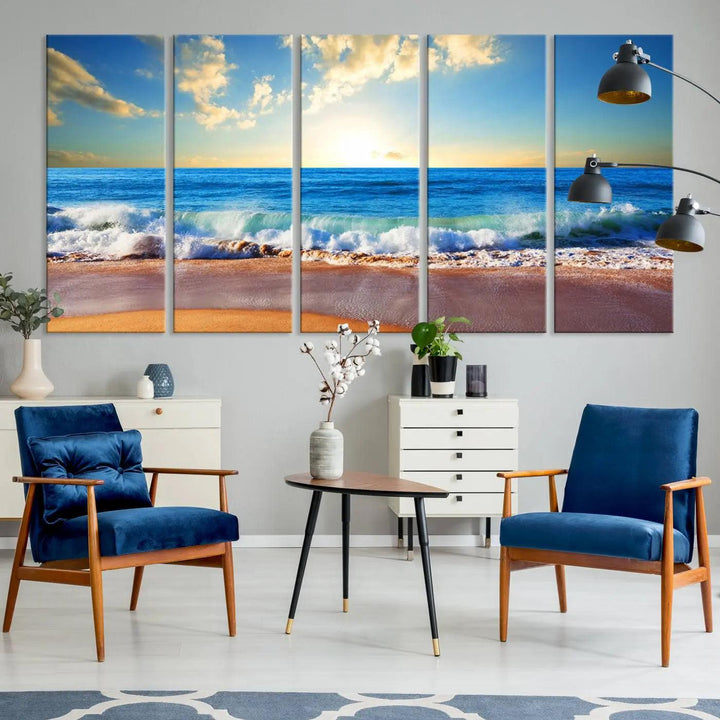 A canvas art piece titled "Tropical Beach Sunset" features ocean waves and a sandy shoreline, making it ideal for large coastal home settings.