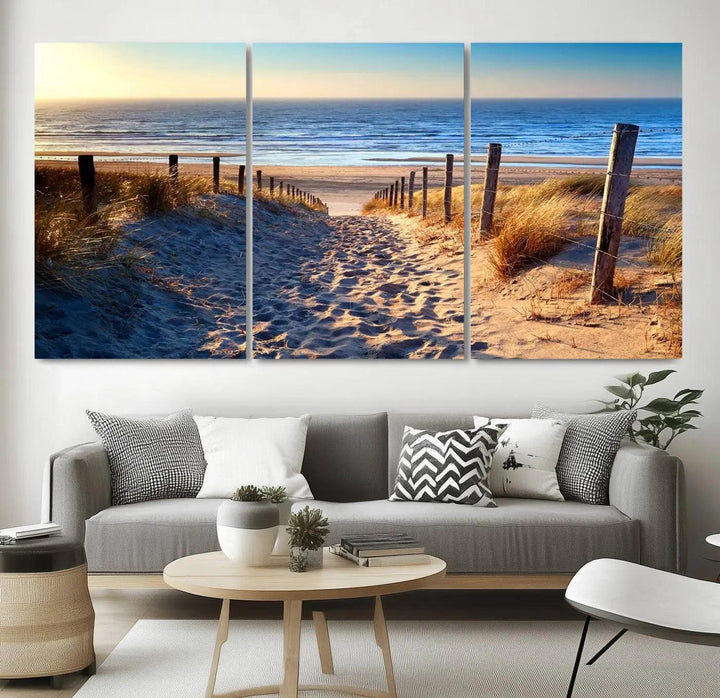 The Tropical Beach Sunset Canvas Art beautifully captures the serene beauty of ocean waves and a sandy shoreline, serving as stunning wall art for coastal homes.