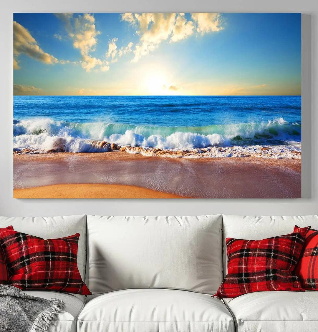 A canvas art piece titled "Tropical Beach Sunset" features ocean waves and a sandy shoreline, making it ideal for large coastal home settings.