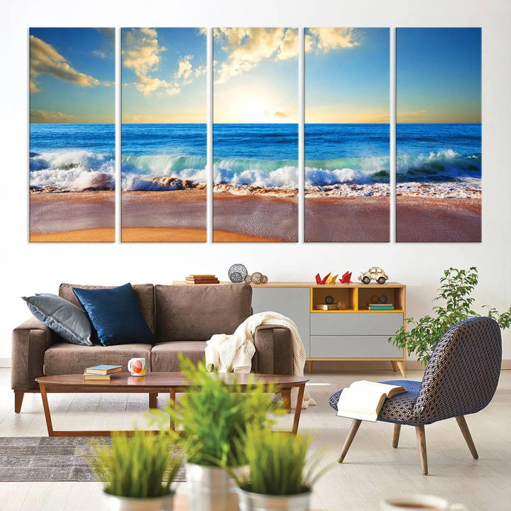 A canvas art piece titled "Tropical Beach Sunset" features ocean waves and a sandy shoreline, making it ideal for large coastal home settings.