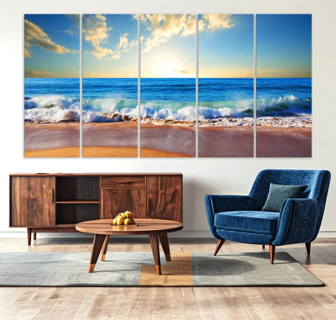 A canvas art piece titled "Tropical Beach Sunset" features ocean waves and a sandy shoreline, making it ideal for large coastal home settings.