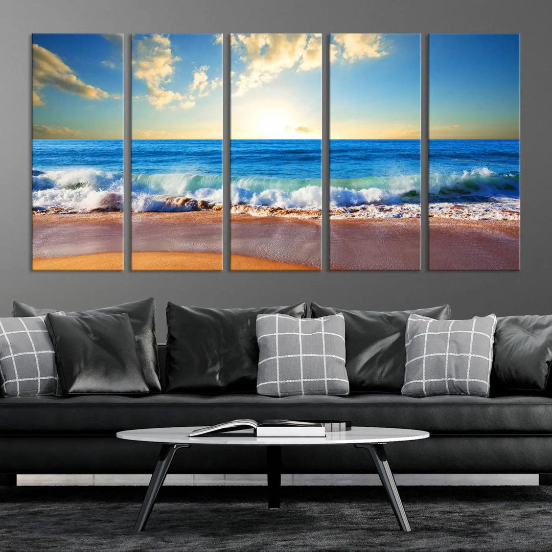 A canvas art piece titled "Tropical Beach Sunset" features ocean waves and a sandy shoreline, making it ideal for large coastal home settings.