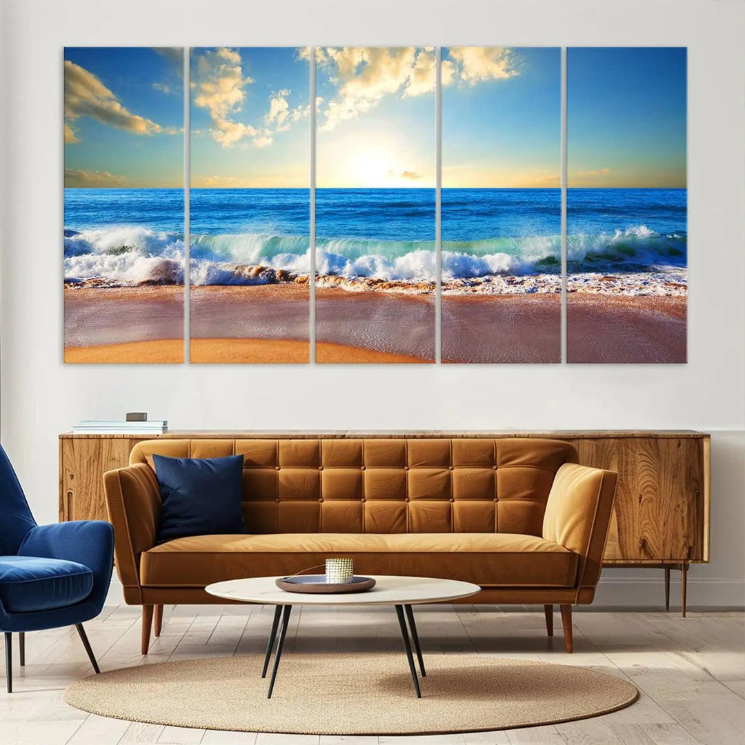 A canvas art piece titled "Tropical Beach Sunset" features ocean waves and a sandy shoreline, making it ideal for large coastal home settings.